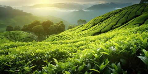 Scenic tea plantation on beautiful asian hill. Nature bounty green landscape. Countryside bliss. Serene farming in highlands. Morning sunshine over vibrant - obrazy, fototapety, plakaty