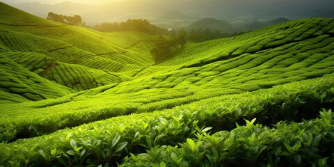 Scenic tea plantation on beautiful asian hill. Nature bounty green landscape. Countryside bliss. Serene farming in highlands. Morning sunshine over vibrant - obrazy, fototapety, plakaty