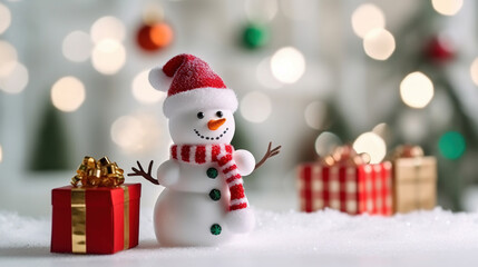 Fototapeta na wymiar Merry Christmas Greeting with Cute Snow Man Giving Gift in Outdoor For Winter Holiday Eve Background Selective Focus