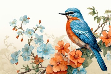Blue Bird on Branch with Orange Flowers