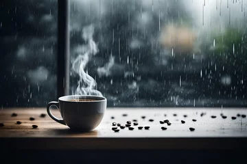 Poster Steaming coffee cup on a rainy day window background   © Malaika