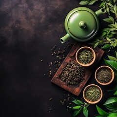 Fresh Green Tea Setup on Dark Background