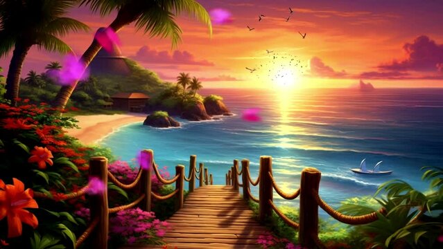 beach at sunset, seamless looping video background animation, cartoon anime style