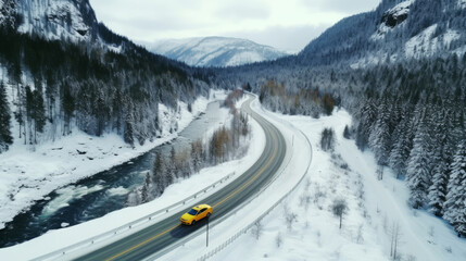 Concept of auto travel during winter holiday season. One yellow car is driving on snow along mountain road near forest and stormy river. Aerial view. Road trip journey. Generative AI. Drone landscape.