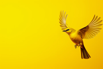 Yellow bird with open wings flying on yellow background.