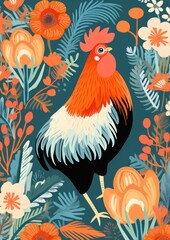 Colorful Rooster Among Vibrant Flowers