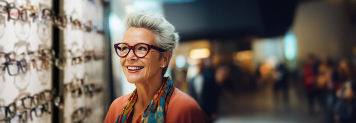 Happy mature woman chooses glasses in an optics store. Vision care and optician concept. With copy space. - obrazy, fototapety, plakaty