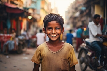 A joyful boy of Indian origin with big brown eyes, and a happy smile with white teeth standing in a dirty yellow t-shirt on a blurred background of a street with people. 