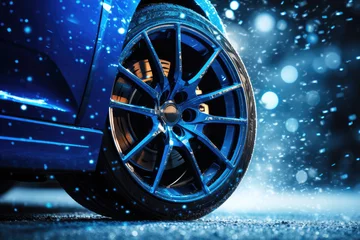 Fotobehang Blue futuristic car with winter tires on snow covered road. Close-up on wheels © MariiaDemchenko