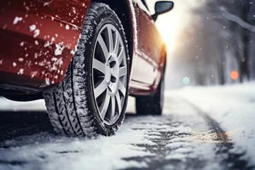 Fotobehang Car with winter tires on snow covered road. Close-up on wheels © MariiaDemchenko