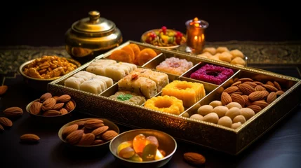 Fotobehang Diwali box consists of Indian sweets. Assorted Diwali Sweets Gift Box. Diwali Deepavali festive colorful bright traditional dishes and sweets in box, candles, flowers, lights © irissca