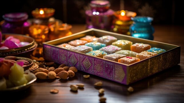 Diwali box consists of Indian sweets. Assorted Diwali Sweets Gift Box. Diwali Deepavali festive colorful bright traditional dishes and sweets in box, candles, flowers, lights