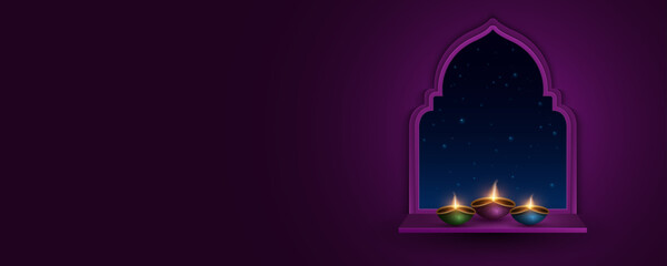 Burning diya lamps stand on the window overlooking the starry sky. Background for Diwali festival of light. Vector illustration.