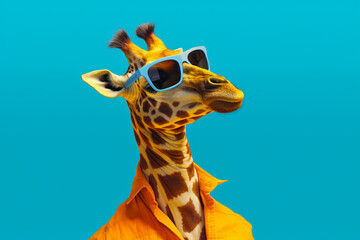 Giraffe in sunglasses on a blue background