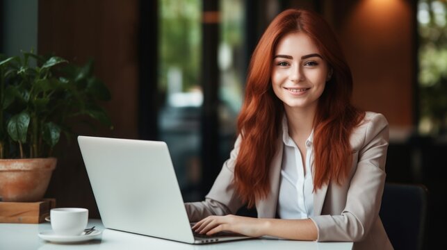Smiling Teen Persian Woman with Red Straight Hair Photo. Portrait of Business Person in the office in front of laptop. Photorealistic Ai Generated Horizontal Illustration.