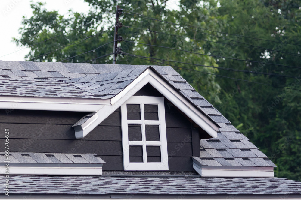 Wall mural roof shingle with fake garret window with tree as background. house roof. concept : buy or rent hous