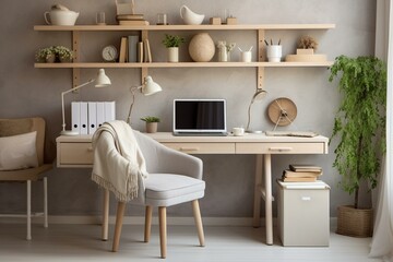 Open and stylish work area with a wooden desk, chair, lamp, laptop, and white shelf; adorned with lovely personal accessories and botanical elements. Generative AI