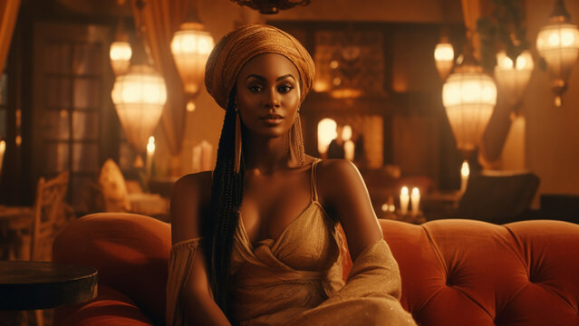 a high value african woman in a luxury room magic around, warm ambiance