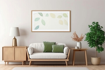 modern living room, Inviting Spring Vibes: A Cozy Living Room with Mock-up Poster Frame, Wooden Sideboard, White Sofa, Greenery, Plants, and Stylish Lamp, Perfect for Home Decor Inspiration.