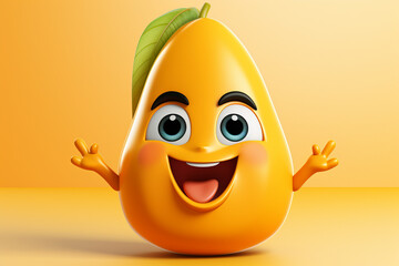 Cartoon mango character with happy expression on orange background