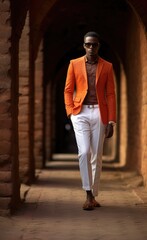 Obraz premium A Stylish Man in an Orange Jacket and White Pants