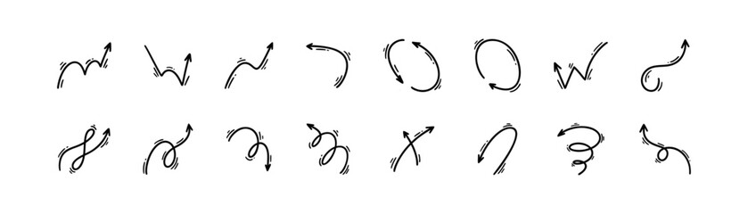 Hand drawn doodle arrows set. Sketch line icons. Direction pointers. Scribble, misdirection, twist, swish, swirl, loop, swoosh design elements