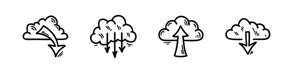 Obraz premium Cloud computing technology doodle icon set. Hand drawn data server service. Digital network file transfer sketch vector illustrations. Download system.
