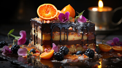 Dripping Chocolate Syrup on Dark Decorated Fruit Cake With and Moody Food Photography Selective Focus Background