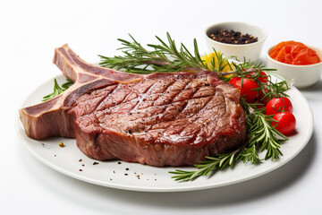 Fototapeta premium Grilled T-bone steak with rosemary and spices on white background