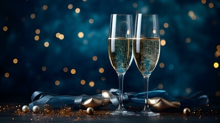 Two Champagne Glasses in front of a festive navy blue Background. Template for Holidays and Celebrations