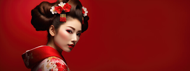 portrait of a geisha on color background, generative ai