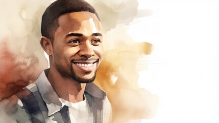 Smiling Adult Black Man with Brown Straight Hair Watercolor Illustration. Portrait of Casual Person on white background with copy space. Photorealistic Ai Generated Horizontal Illustration.