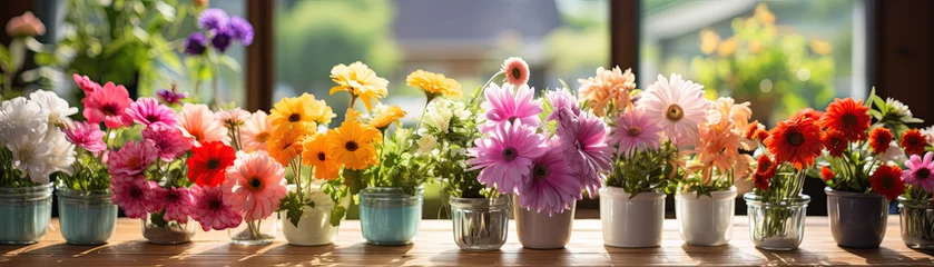 Tuinposter row of various flowers on wooden table, generative ai © AIGen