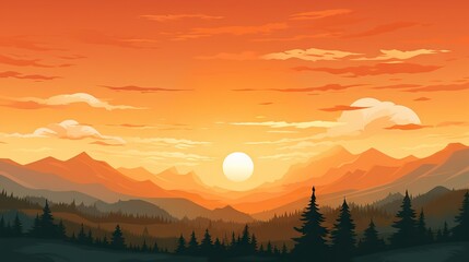 Sunset sky and forest landscape. Cartoon summer sunrise with orange clouds. Sun through the clouds in sky. Morning cloudy heaven panorama. Mountain background. Generative ai