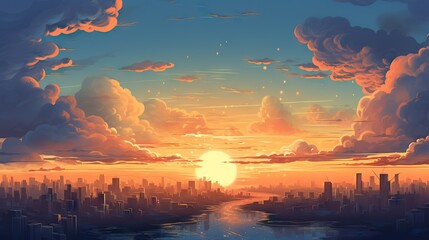 Sunset sky and modern city background. Cartoon evening sunrise with orange clouds. Sun through the clouds in sky. Morning cloudy heaven panorama. Big city background. Generative ai - obrazy, fototapety, plakaty