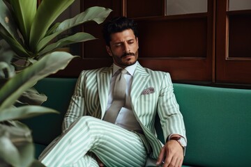 Fototapeta premium Man in Suit on Green Couch