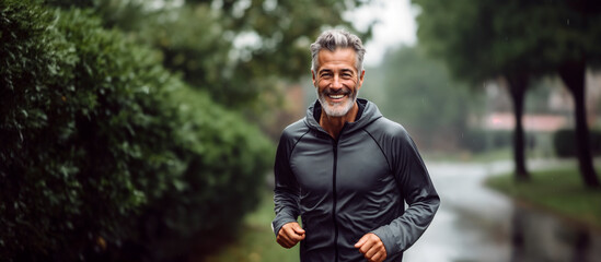 Portrait of smiling senior man in sportswear standing in park.   Sport and healthy lifestyle concept. Generative AI - Powered by Adobe