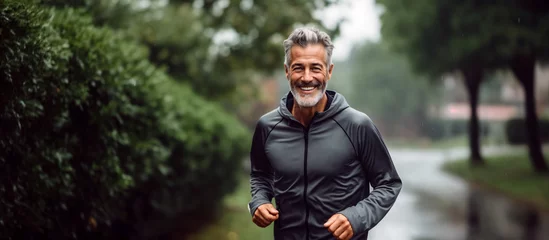 Rolgordijnen Portrait of smiling senior man in sportswear standing in park.   Sport and healthy lifestyle concept. Generative AI © k_e_n