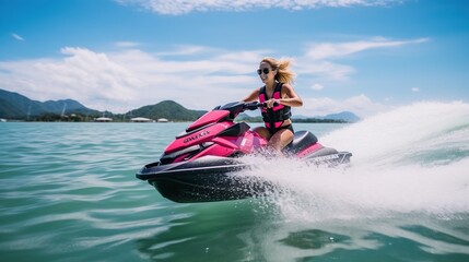 Young woman having fun jumping over waves riding a jet ski