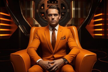 Fototapeta na wymiar A Stylish Man in an Orange Suit, Relaxing Comfortably in a Modern Chair