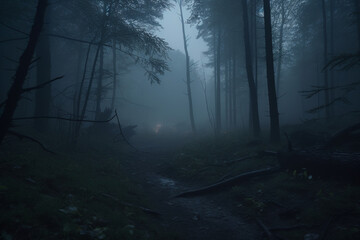 foggy and dark woods at night, mystery forest. Magical saturated foggy forest trees landscape. Generative AI - obrazy, fototapety, plakaty