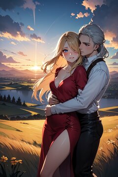 Couple avec une magicienne et un guerrier dans un univers fantaisy et m&eacute;di&eacute;val anime
