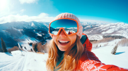Happy woman posing for winter selfie on a ski resort. Sport and healthy lifestyle concept. AI Generated - obrazy, fototapety, plakaty