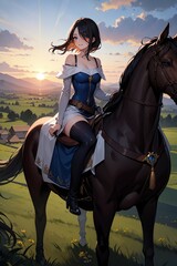 Magicienne à cheval dans un univers fantaisy et médiéval anime