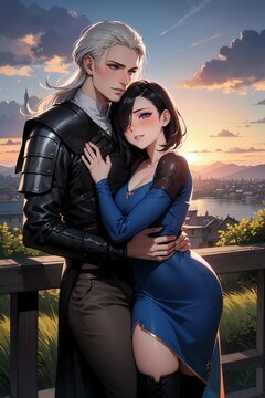 Couple avec une magicienne et un guerrier dans un univers fantaisy et m&eacute;di&eacute;val anime