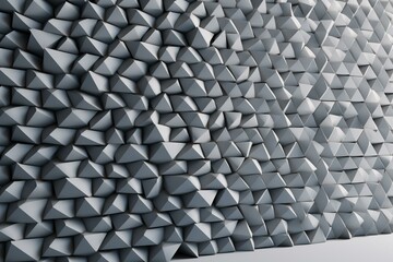 modern, triangular mosaic tiles forming a wall with 3D, semigloss, stacked bricks creating a concrete block backdrop. Rendered in 3D. Generative AI