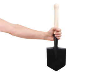 A hand holds a sapper shovel on a white background.