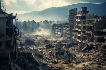 A devastated city after the earthquake disaster in Turkey. Generative AI - obrazy, fototapety, plakaty