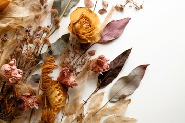 dried flowers and leaves on a pale backdrop. Generative AI