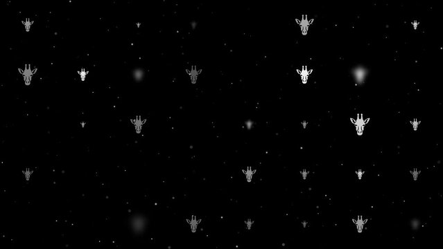 Template animation of evenly spaced giraffe head symbols of different sizes and opacity. Animation of transparency and size. Seamless looped 4k animation on black background with stars